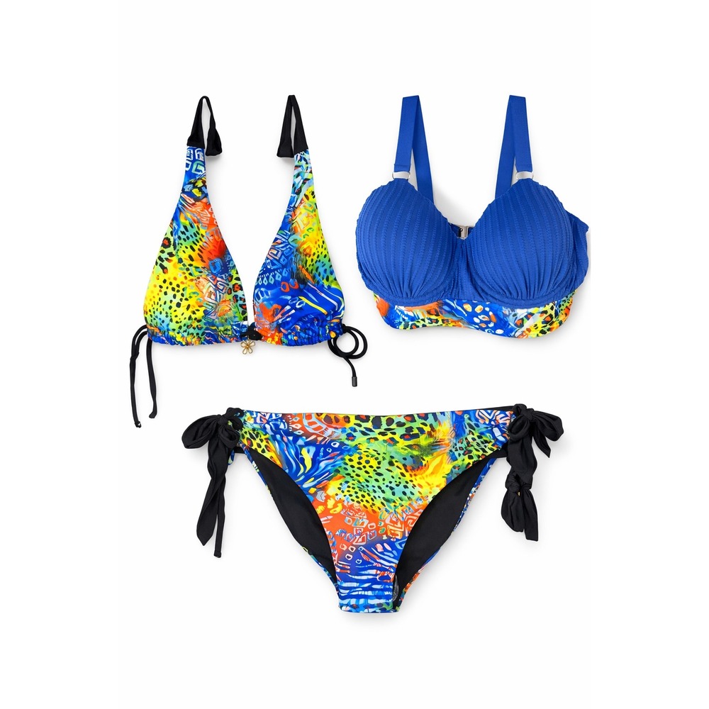 Womens 3 Piece Bikini Set Blue Ribbed Underwire & Multi Color Animal Print M